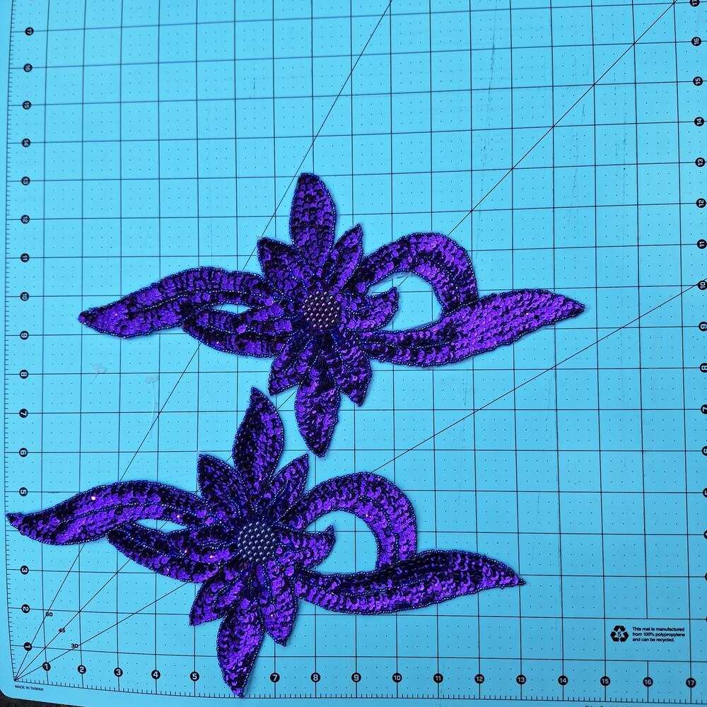 Purple sequin and bead flower applique set of 2